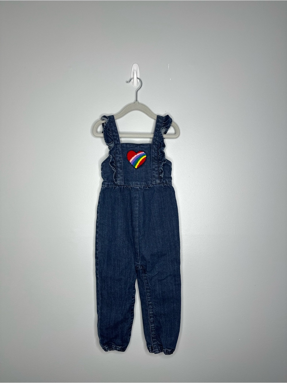 Hanna Andersson Navy Denim Overalls with Rainbow Heart Patch